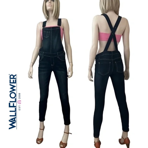 Wallflower Denim Jeans Overalls Bib Strappy Dark Wash Indigo Skinny Leg Stretch - Picture 1 of 15